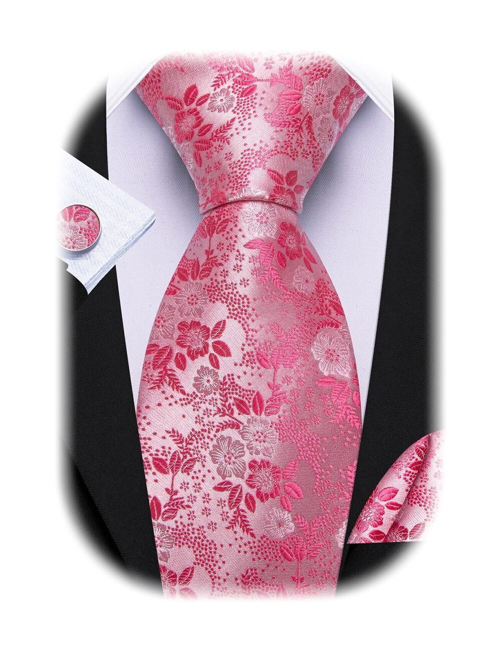 8452 Hot Pink Flower Ties Silk Woven Floral Tie Sets Necktie Handkerchief